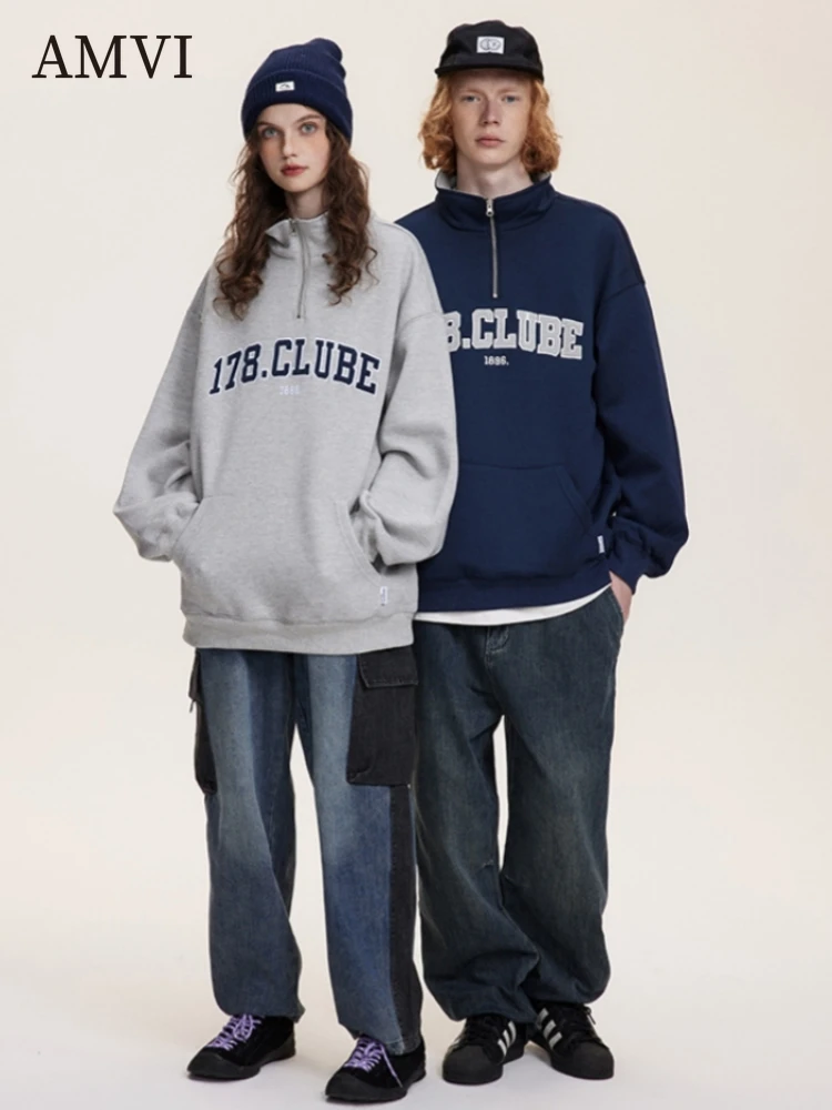 

American Pullover Soild Sweatshirt Casual Loose Tops Street Zip Hoodie Vintage Athletic Hoodies Men and Women Top Autumn Clothes