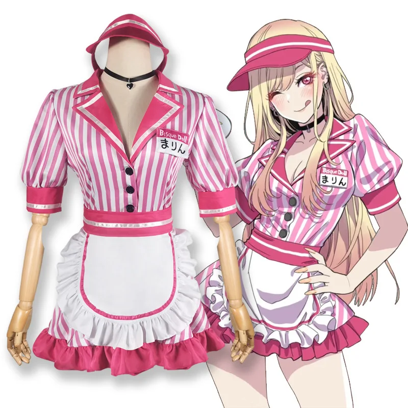 

My Dress-Up Darling Kitagawa Marin Cos Name Cosplay Anime Costume Women Cute Waitress Maid Dress Apron Hat Suit Halloween Party