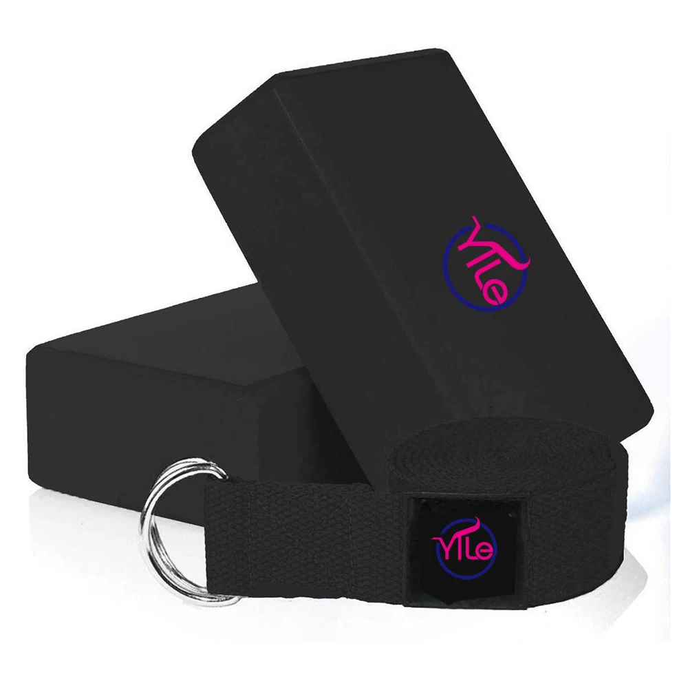 

High density EVA foam yoga blocks and cotton fabric strap set black
