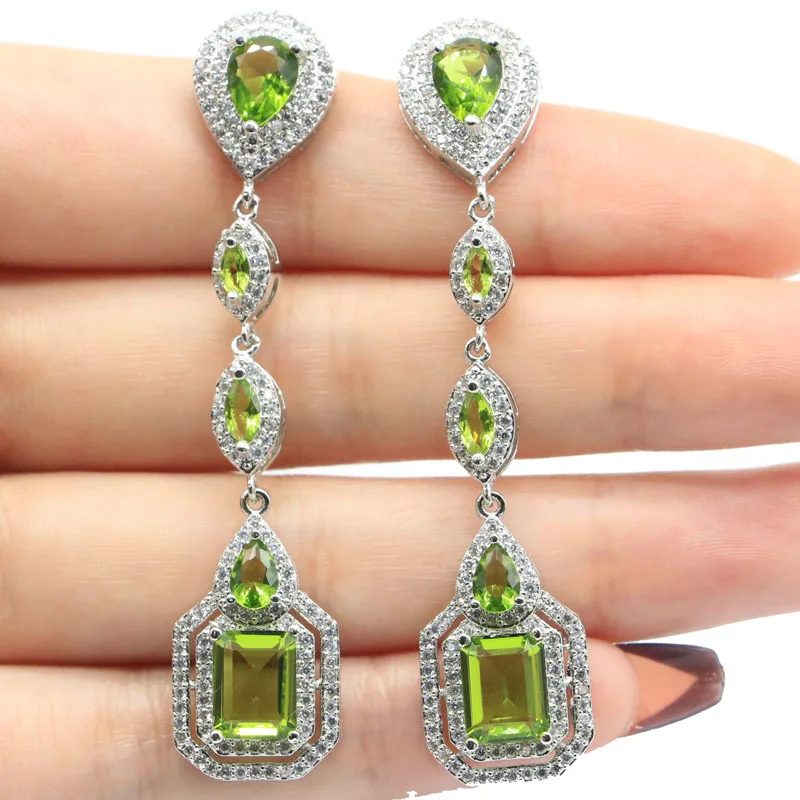 

64x14mm Stunning 10.3g Green Peridot Pink Kunzite White CZ Women Engagement Silver Earrings