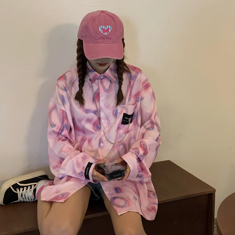 

Deeptown Vintage Pink Tie-dye Long Sleeve Shirts Women Korean Style Kpop Oversize Blouse Harajuku Streetwear Hippie Top Female