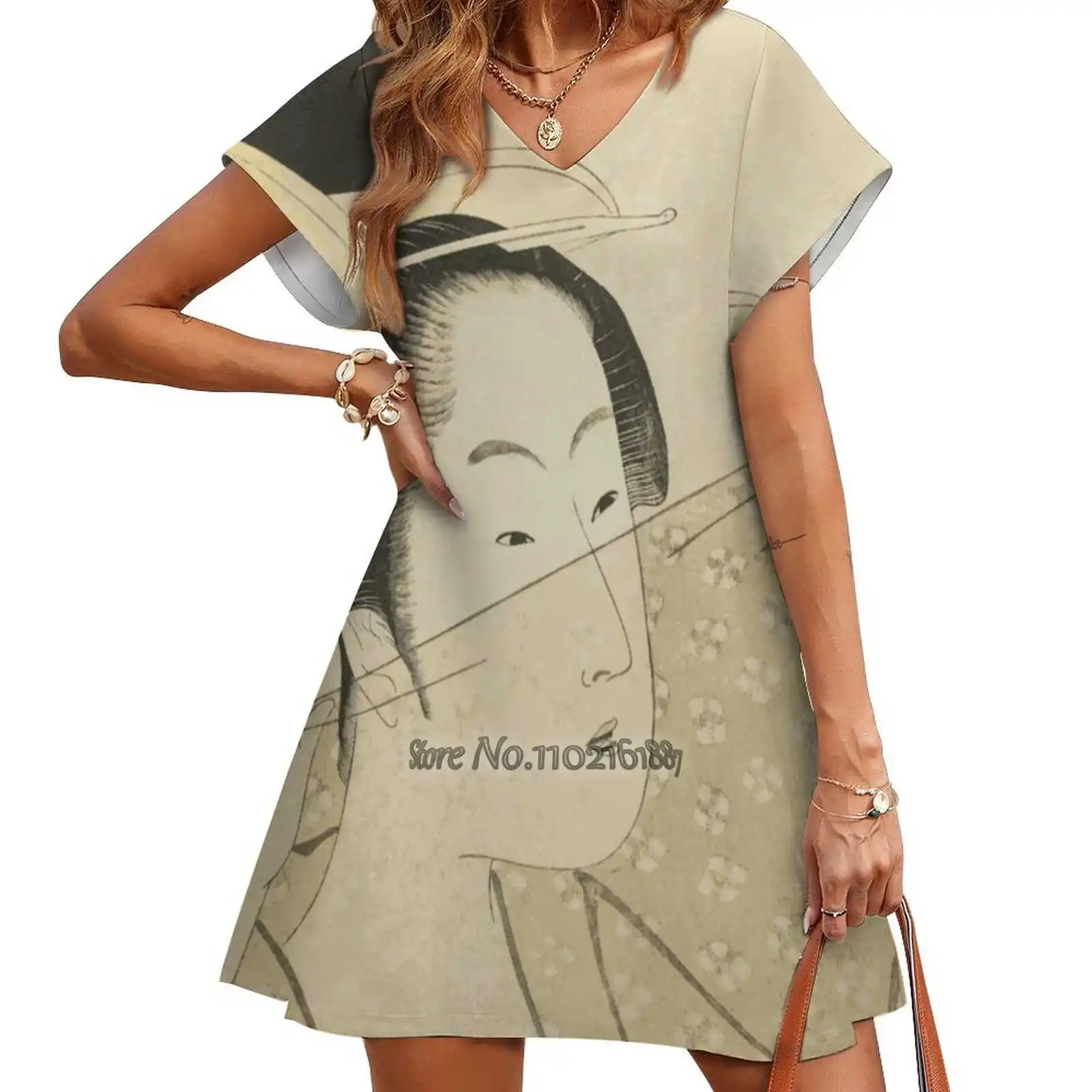 

Woman Holding Up A Piece Of Fabric Fashion Street Dress Loose V-Neck Short Sleeve Skirt Casual Party Skirt 5Xl Ichigo Ichie