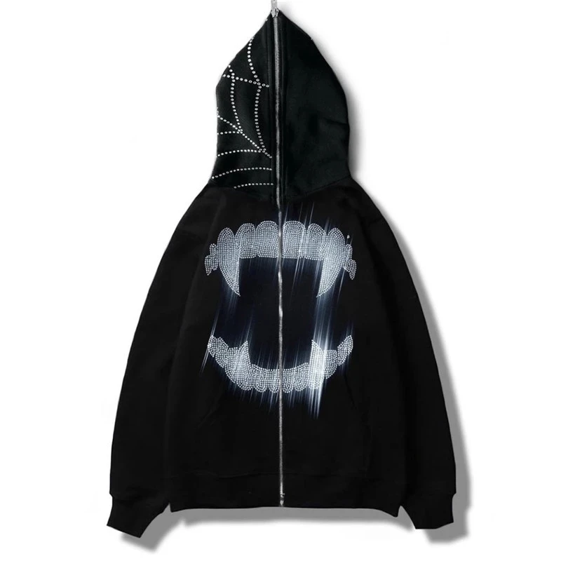 

Skeleton Oversized full zip up over face Evil Diamond Hoodies Women Graffiti Coat Autumn Winter Hip Hop Sweatshirts Japanese