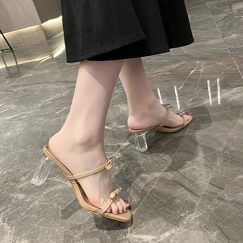 

2023 Fashion Summer Crystal High-heeled Slippers Open Toe Women Sandals Thick Heel Square Toe Gladiator Shoes for Women Slippers