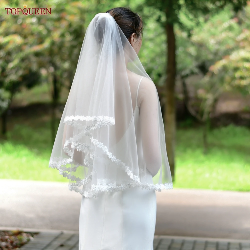 

TOPQUEEN V54 Best Selling Real Photos Wedding Veil with Appliqued Flower-Leaf Edge White Ivory Birde Tulle Accessories for Bride