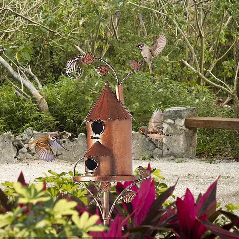 Metal Bird Feeders Garden Stakes With Pole Houses For Courtyard Backyard Patio Outdoor (Style D)