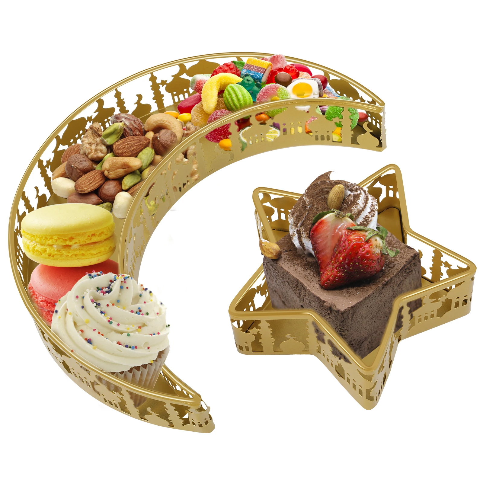 

2Pcs Ramadan Serving Dishes Reusable Metal Moon Star Shaped Trays Rustproof Moon Star Plate Tray Delicate Moon Star Serving Tray