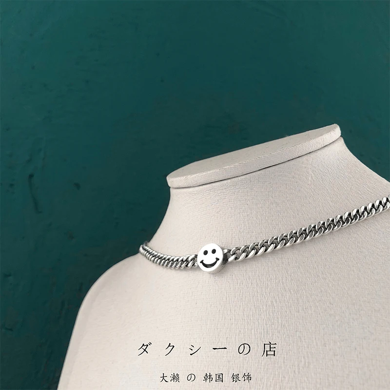 South korea Dongdaemun S925 Sterling Silver Smiley Face Necklace Women Thick Summer Choker Twin Personalized Tank Chain New S...