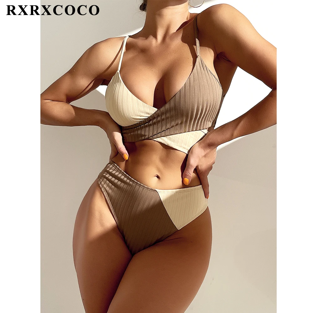 

RXRXCOCO лоскутный комплект бикини женский купальник с высокой талией сексуальное женское бикини 2022 бикини купальные костюмы с рюшами бандажн...