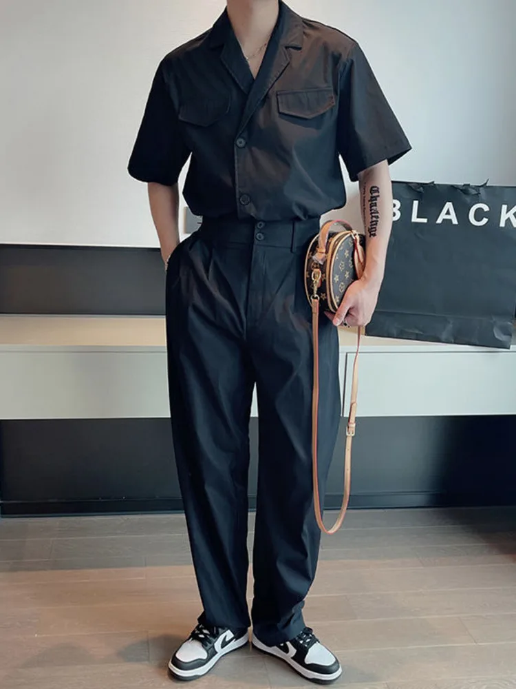 

SYUHGFA Men Clothing Short Sleeve T-shirt Loose Causal 2022 Summer High Waist Pants Korean Fashion Streetwear Two Pieces Sets