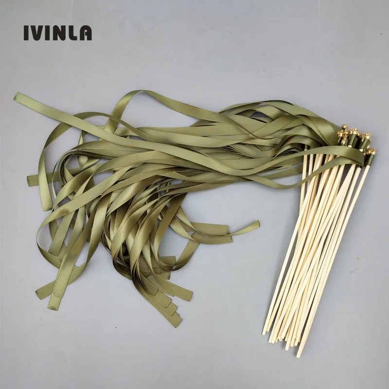 

50/20/10Pieces/Lot Style A green ribbon wedding wands with gold bell Wedding Ribbon Stick,ribbon Twirling Streamers