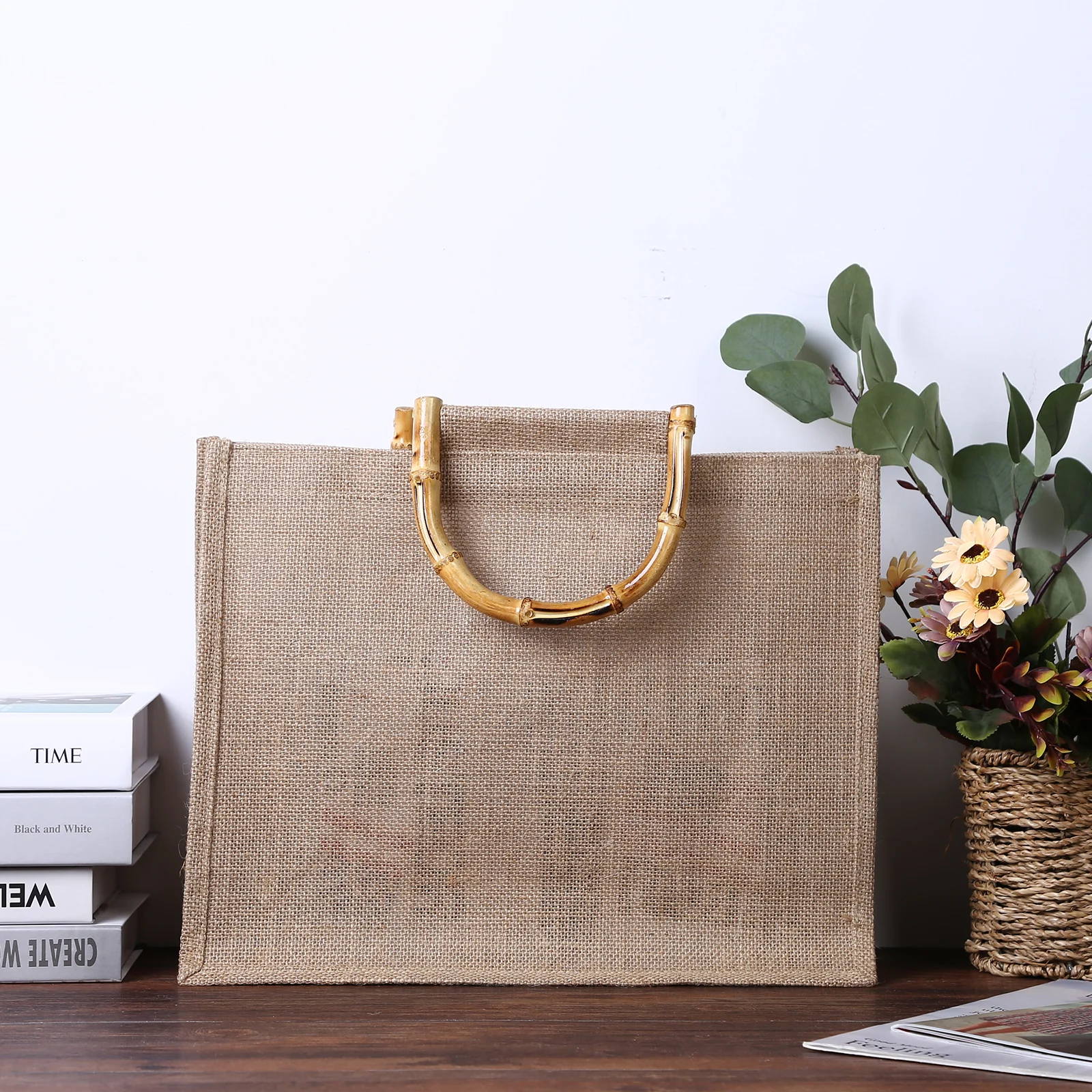 

Portable Burlap Jute Shopping Bag Handbag Bamboo Loop Handles Reusable Tote Grocery Bags for Women Girls Eco Friendly Tote Bag