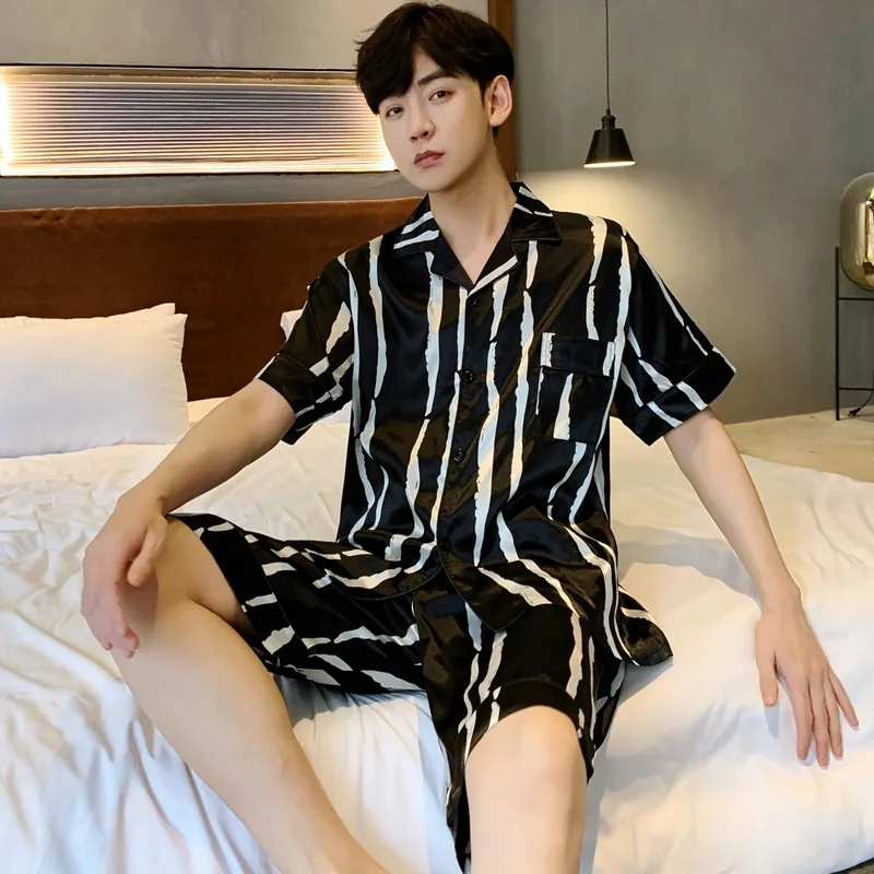 New men's pajamas summer short-sleeved ice silk black and white striped home service suit imitation silk plus size