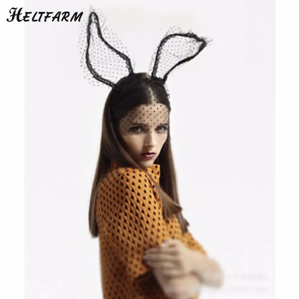 

Gothic Lace Rabbit Bunny Ears Veil Black Eye Mask Halloween Party Headwear Hair Accessories Fashion Women Girl Hairbands Sex
