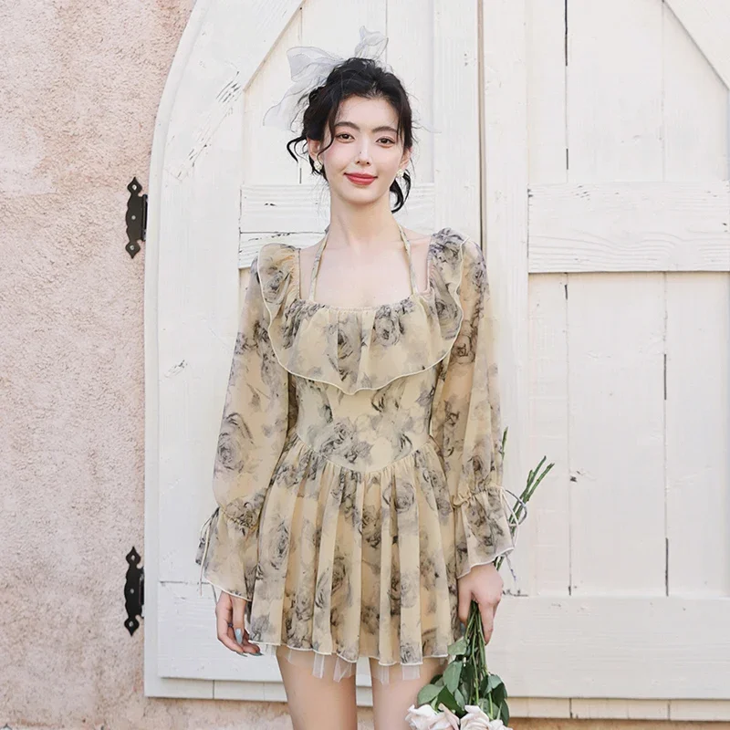 Женский слитный купальник купальный костюм с плиссированным подолом Сетчатое