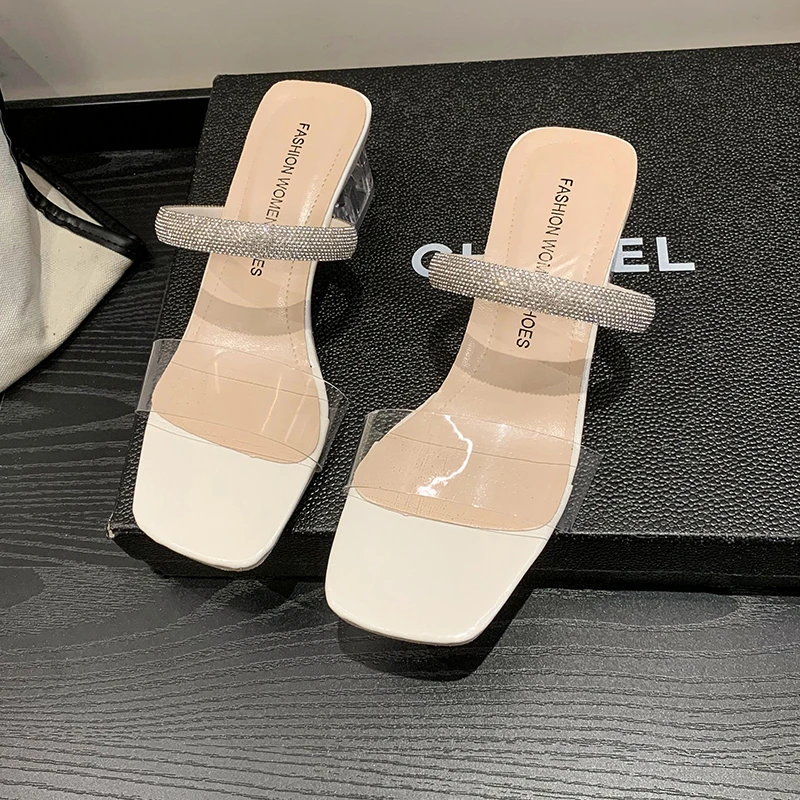 

2023 Summer Crystal Women Slipper Fashion Square Toe Narrow Band Ladies Elegnat Slides High Heel Dress Outdoor Sandal