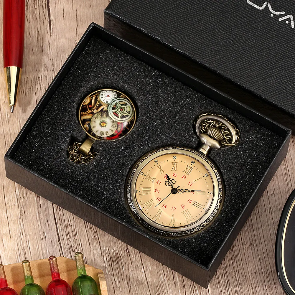 Luxury Gold Necklace Pocket Watch Men Gift Set without Cover Design Roman Numerals Dial Steampunk Pocket Watch Reloj De Bolsillo
