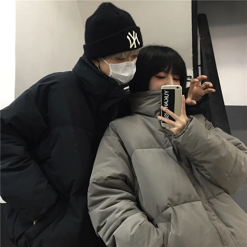 Women Solid Color Thickened Loose High Collar Cotton Padded Jackets Winter Coats Korean Ins Harajuku Student Fashion Couple Coat