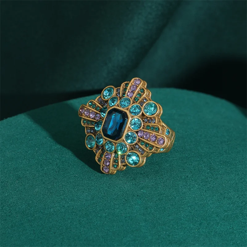 Vintage Wedding Rings for Women Round Blue Natural Oval Green Crystal Horse Eye Shape Glass Retro Pattern Gold Color Jewelry (art.: 3920ca9b60323) - 3920ca9b60323