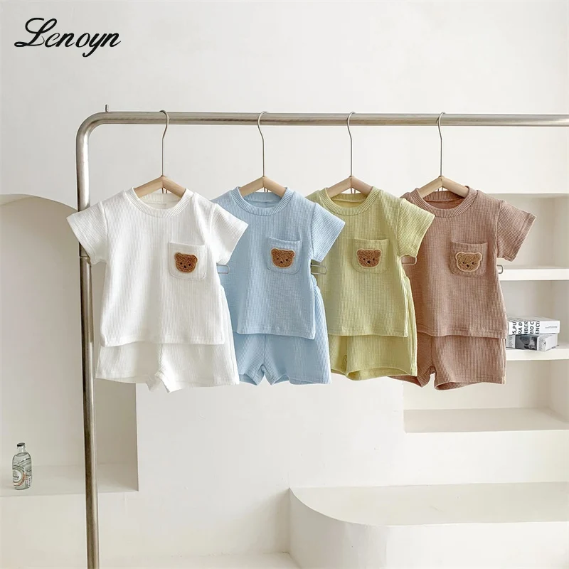 

Lenoyn Summer Children's Thin Little Bear Set Men's Treasure Short Sleeve Thin Split Children's 0-2 Year Old Girls' Baby Clothes