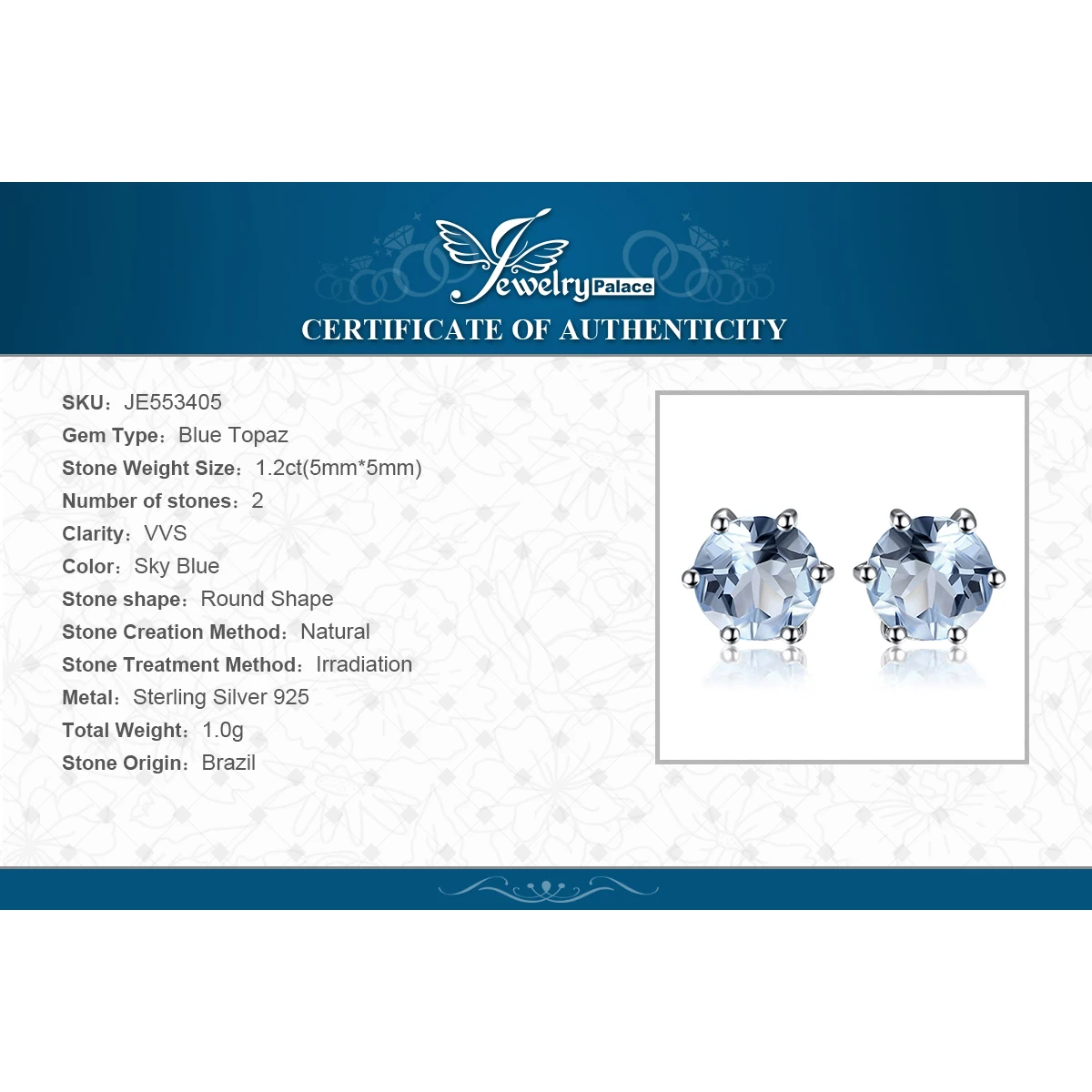 JewelryPalace Round 1.2ct Genuine Blue Topaz 925 Sterling Silver Stud Earrings for Women Fashion Gemstone Jewelry Party Gift images - 6