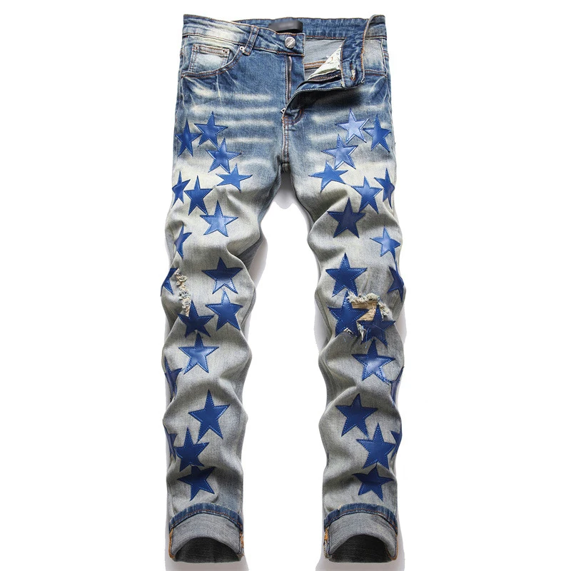

Men's Jeans Fashion New 2022 Autumn Retro Blue Denim Jeans Embroidery Five Point Star Men's Jeans Punk Slim Pencil Pants