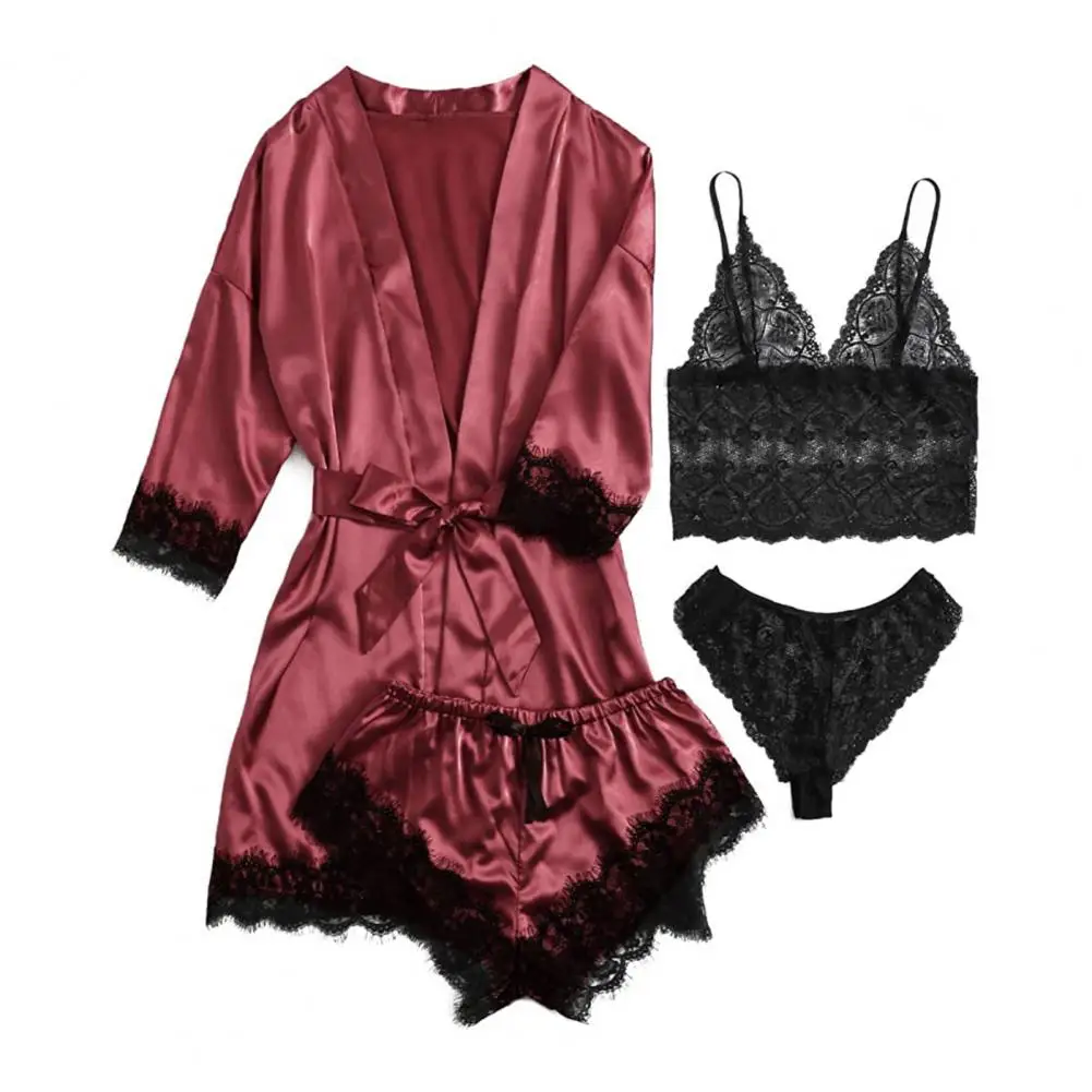 

Пижамный комплект Женский атласный с V-образным вырезом, длинным рукавом и поясом