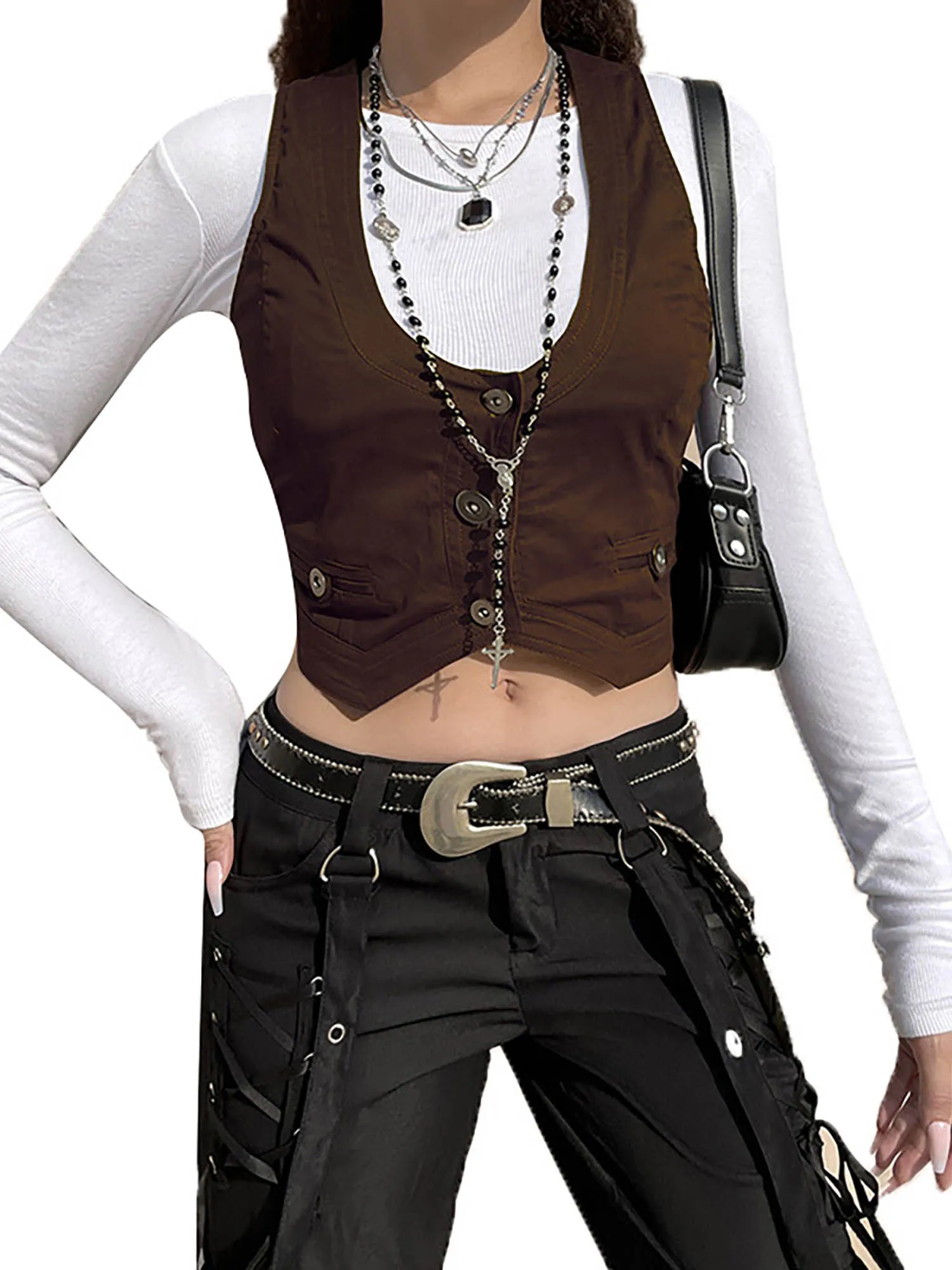 

Women Vintage Sleeveless Gothic Corset Vest Racerback Punk Grunge Waistcoat Top with Halter Button Down