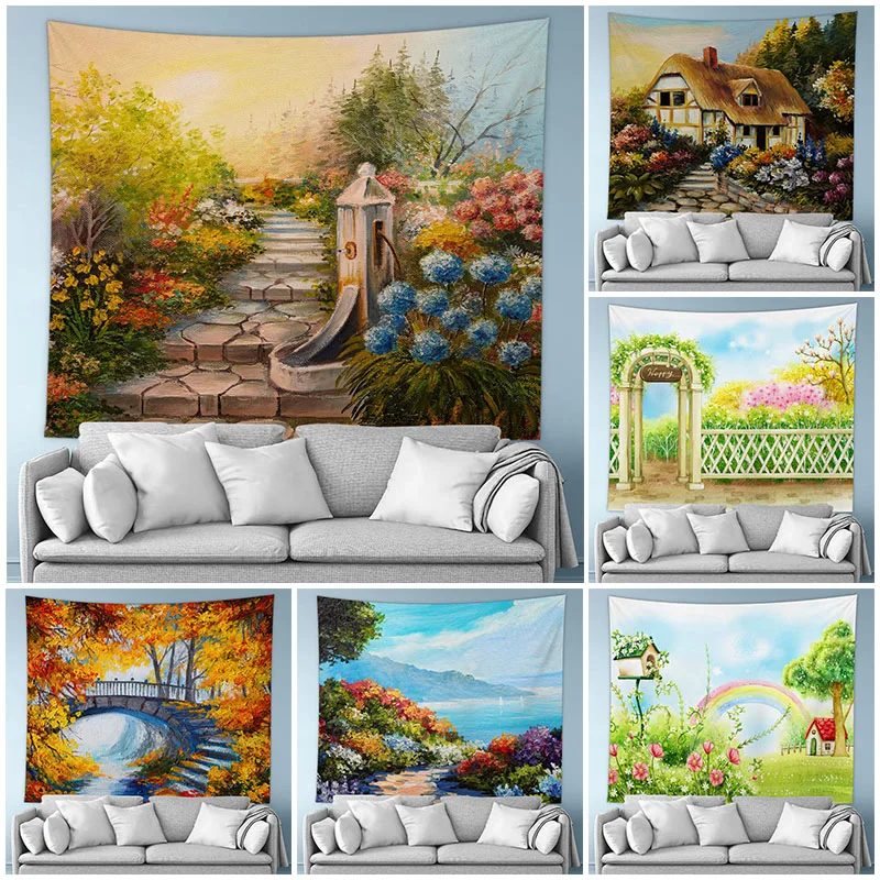 

Colorful Autumn Field Garden Landscape Oil Painting Tapestry Wall Hanging Background Cloth Decorative Tapestries Home Decor