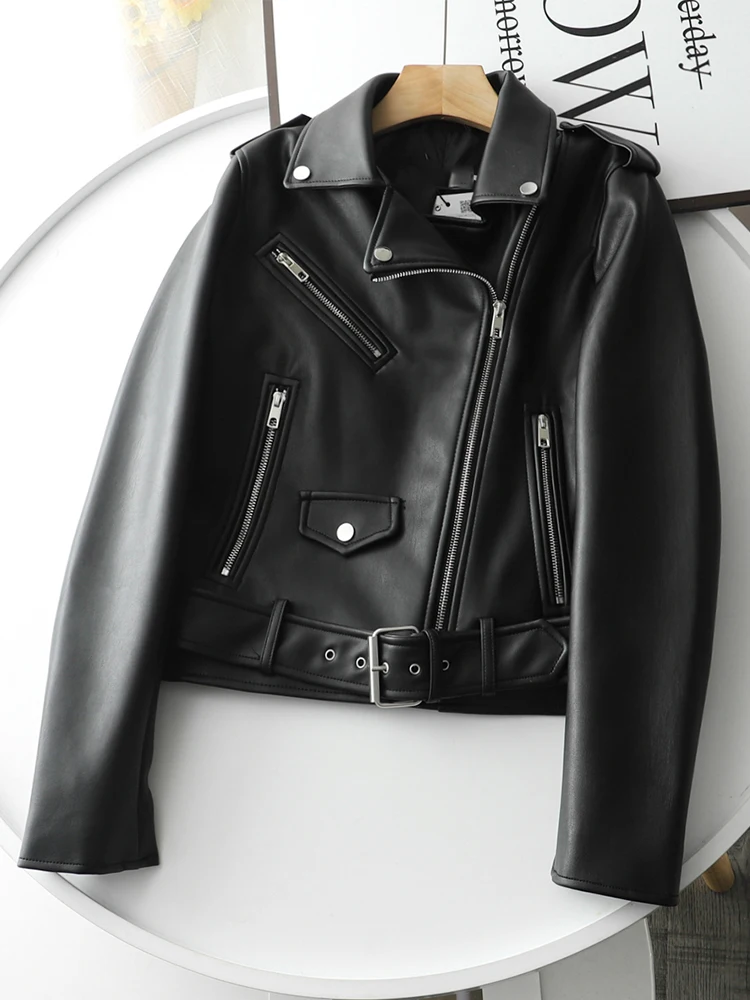 Spring Autumn Women Zippers V-neck Faux Leather Jacket Minimalist Neutral Style Brown Motorcycle Jacket PU Streetwear Coats