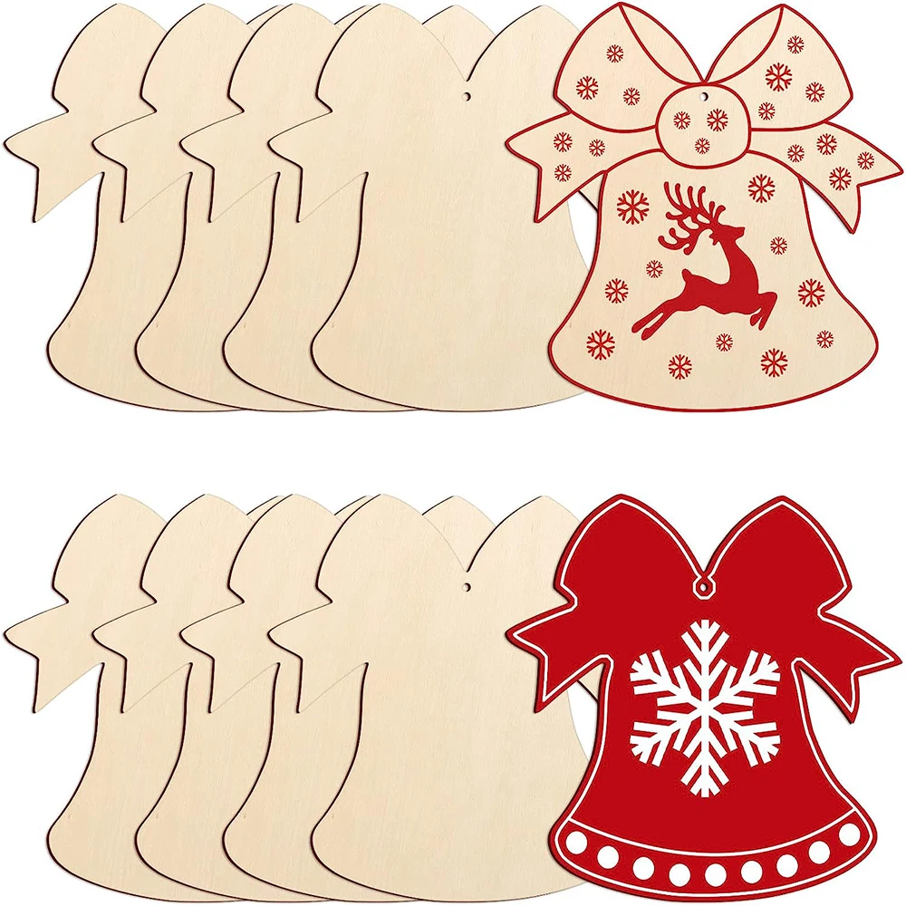 

10PCS 7inch Wooden Christmas Ornaments DIY Blank Unfinished Bell Shape Wood Ornament for Crafts Hanging Decorations