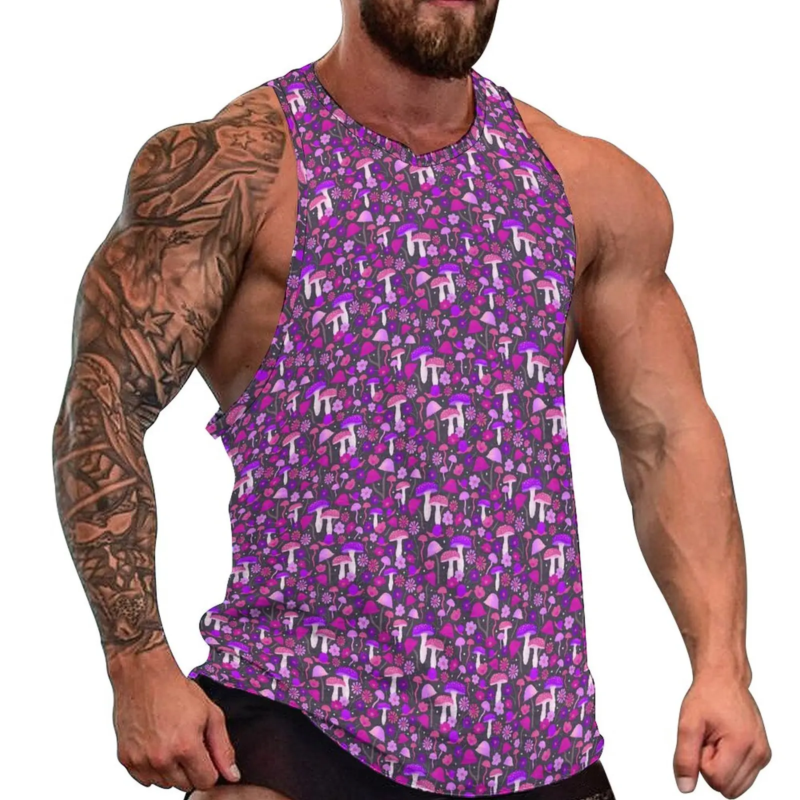 

Purple Magic Mushroom Beach Tank Top Cute Trippy Floral Gym Tops Men Graphic Sportswear Sleeveless Shirts Large Size