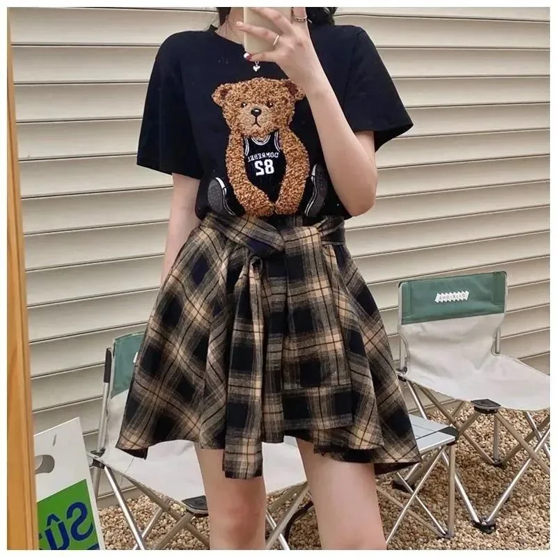 

DEEPTOWN Vintage Plaid Mini Skirt Women Korean Fashion Streetwear High Waist A-line Irregular Summer Girl Casual Short Skirt