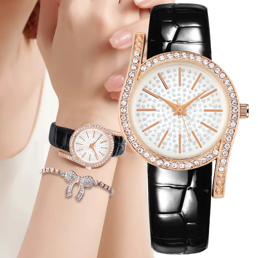 

Luxury Brands 2022 Full Starry Sky Diamond Design Women Quartz Watches Fashion Black PU Leather Ladies Wristwatches Gift Clock
