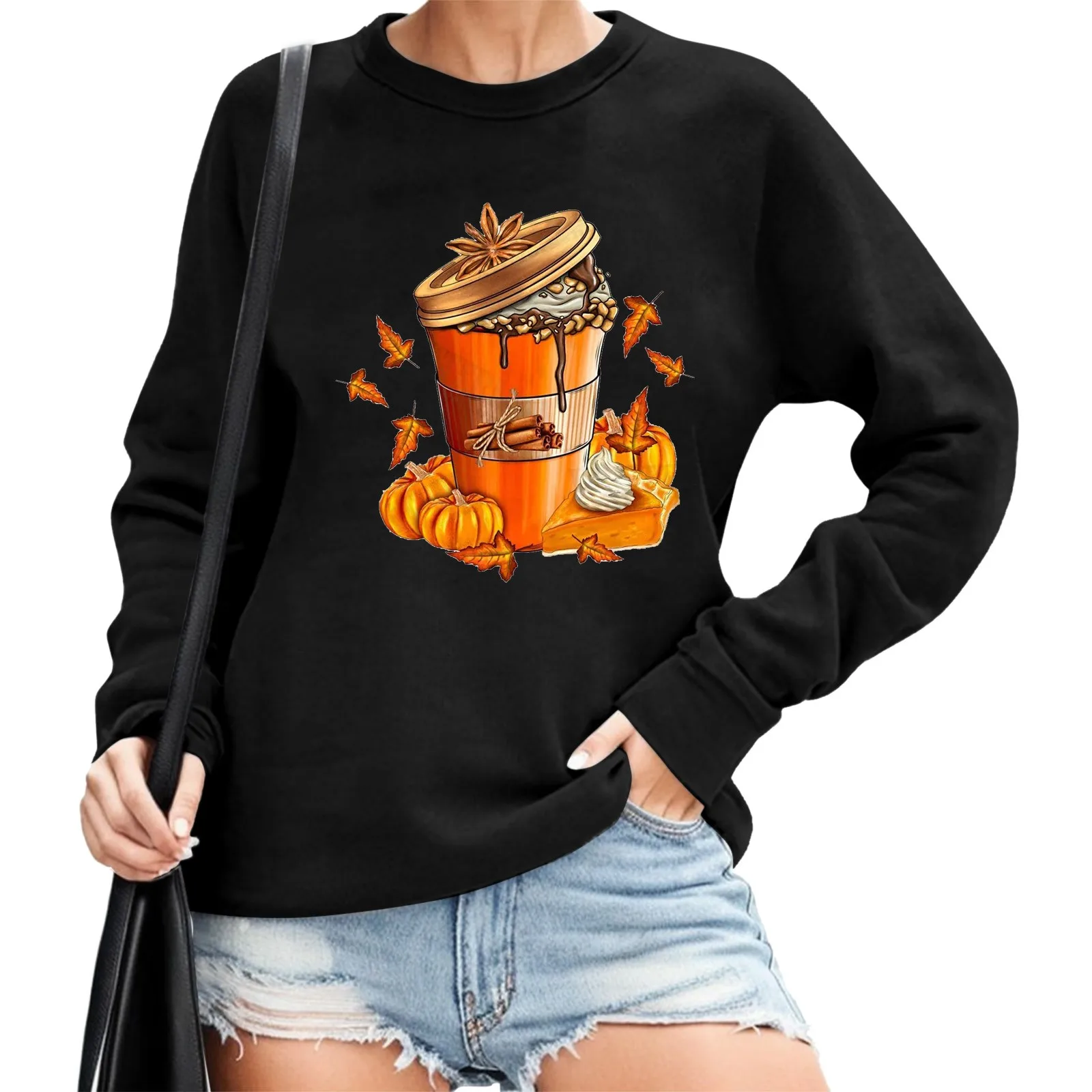 

Pumpkin Beverage Print Sweatshirt For Women Halloween Loose Pullover Round Neck Shirt Long Sleeve Hoodies For Ladies Autumn