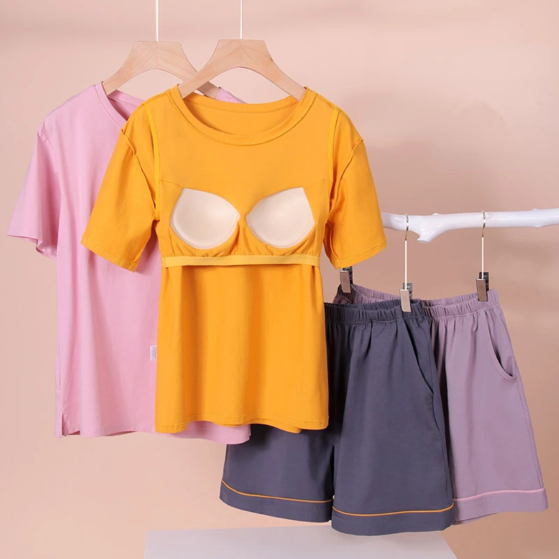 

Cotton Short-sleeved Shorts Two-piece Sets Pajamas for Women's Summer Cup One-piece with Chest Pad Home Clothes Women Pyjama