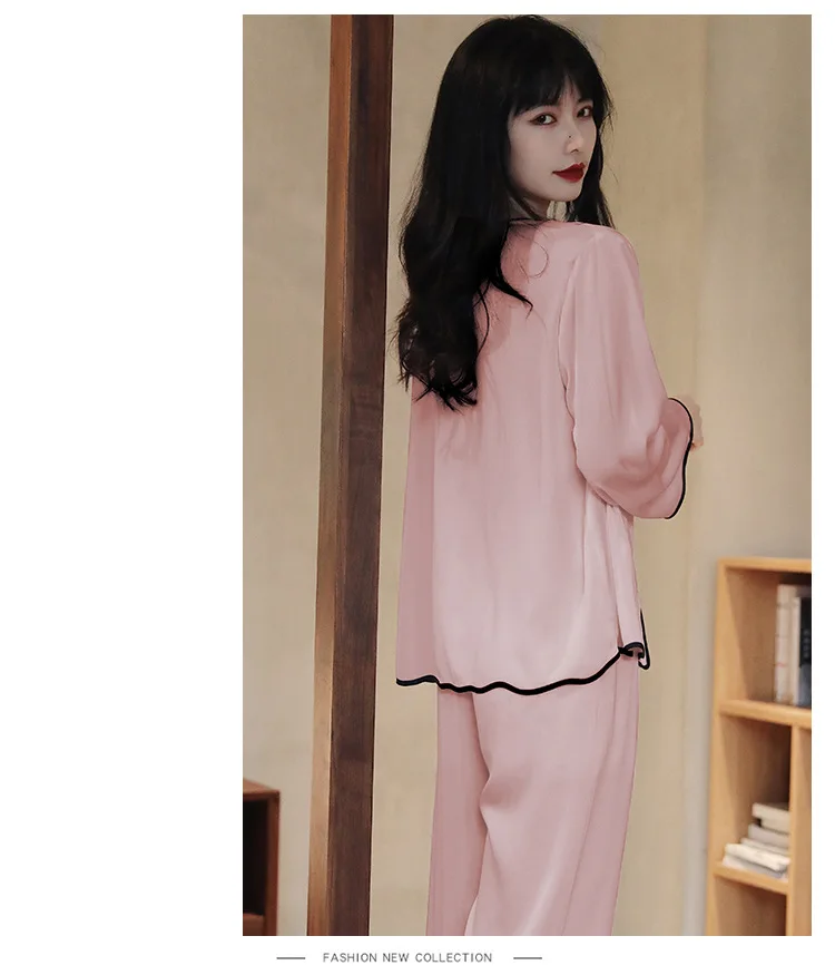 Achestina Ice Thin women's Pajamas Imitation Silk Fabric Cardigan Lapel Two Pieces Korean Version For Women At Home