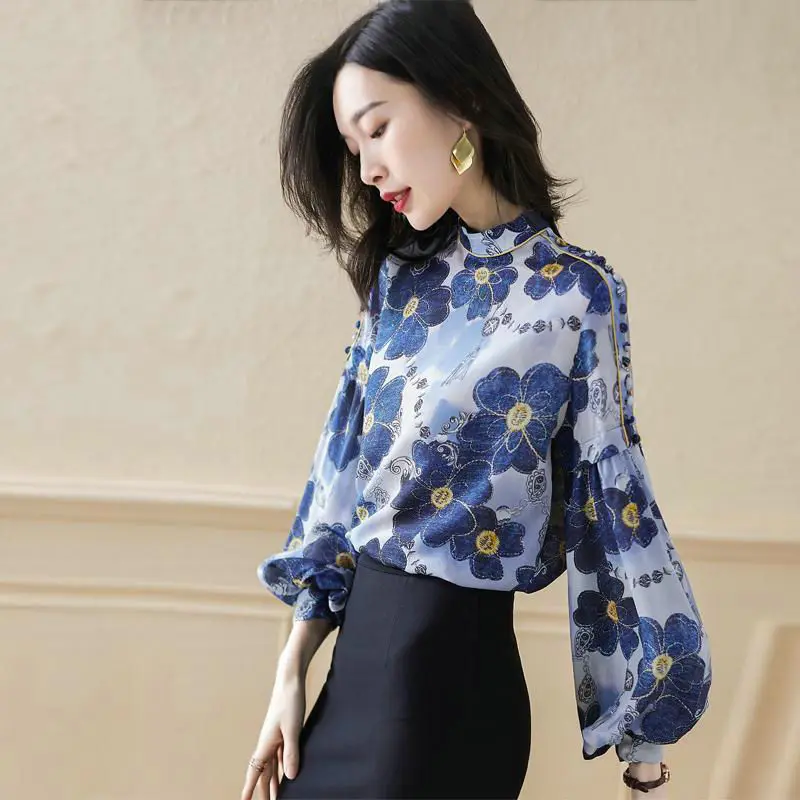 

2023 new chinese style women shirt women's long sleeve spring fashion floral print shirt standing neck lantern sleeve hanfu top