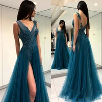 on zhu sexy tulle lace prom dresses applique beading long side split dress holiday evening party gown gala dress robe de soiree