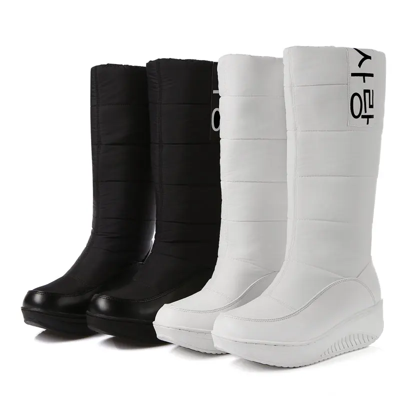2022 Winter Women Snow Boots Platform Wedge Med Heels Round Toe Black White Down Plush Casual Travel Lady Slip-on Mid-calf Boots