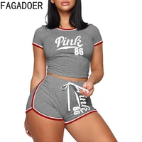 fagadoer sporty two piece set women casual pink letter print crop top and shorts matching sets lounge 2 piece outfits tracksuits