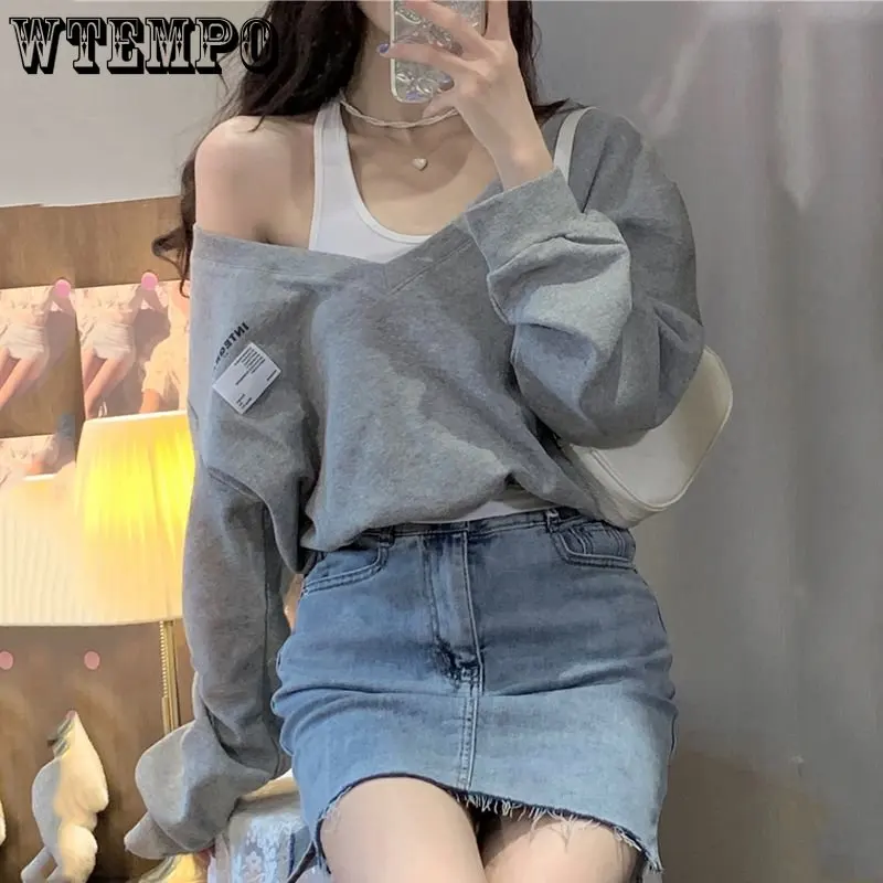 

Loose Casual Fake Two Pieces Women T-shirt Long Sleeve Top Solid Color Simple Basic Personalized Design Fashion Spring Summer