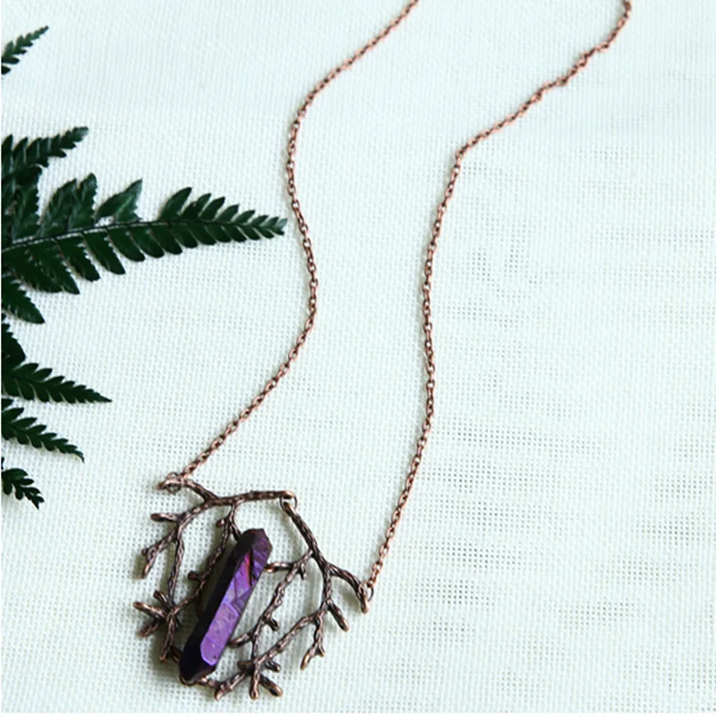 

Simple Natural Wind Crystal Necklace Branch Raw Stone Purple Necklace Purple Pendant Necklace