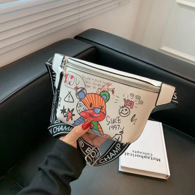 

Cute Cartoon Doodle Bear Waist Bag Women Shoulder Crossbody Bags Lady Banana Chest Bag Casual Funny Bag Female Handbag and Purse