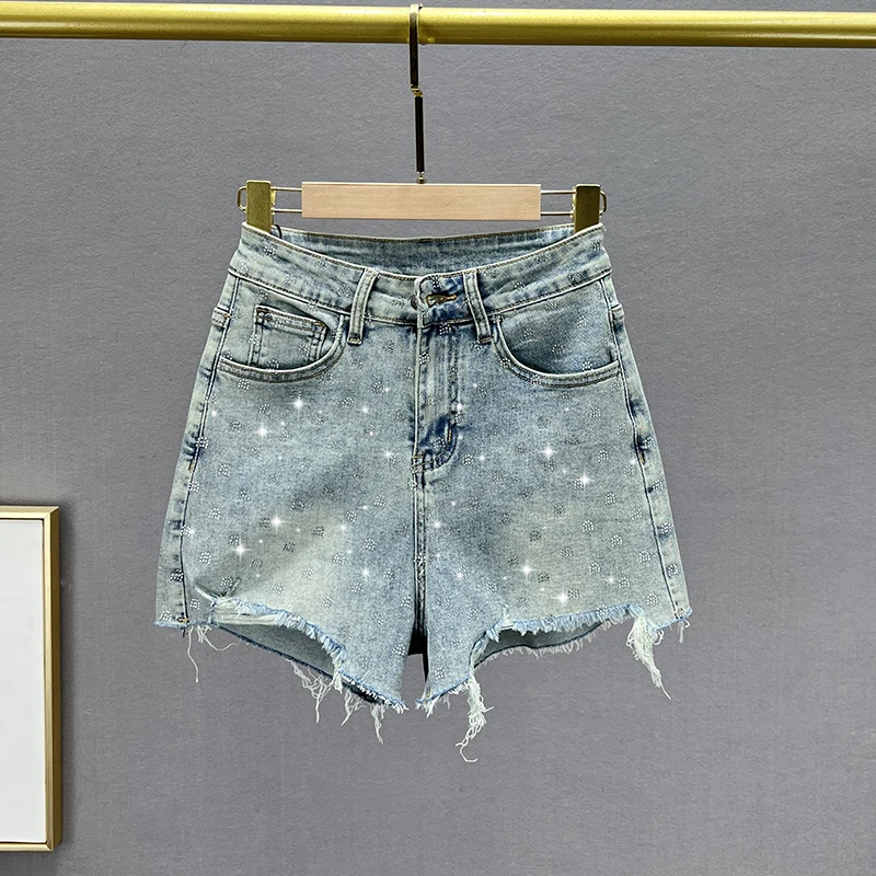 Rhinestone Denim Shorts Women's New Summer Stretchy High Waist Slimming European Style Ripped Raw Hem Wide Legs Short Pants 2023