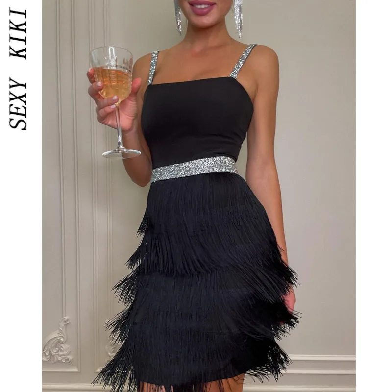 

2022 New Fashion Tassel Sequin Feather Stitching Dress Sequin Party Evening Luxury Dress Women Free of Customs Clearance Fee