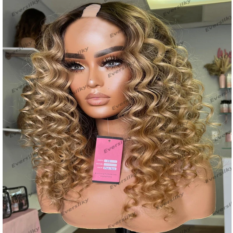 

Glueless Remy Human Hair 1x4 Opening U Part Wigs for Black Women Ombre Honey Blonde Loose Deep Wave Adjustable V Part Wigs