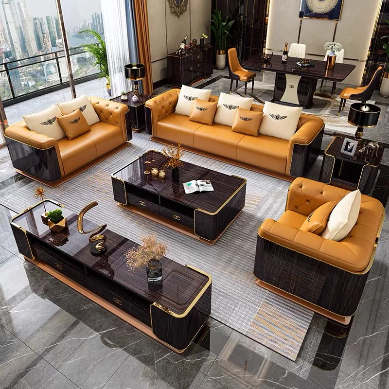 

Light Luxury Top Layer Leather Four-Person Sofa Bentley Luxury Large Apartment Villa Living Room Post-Modern Combination Sofa