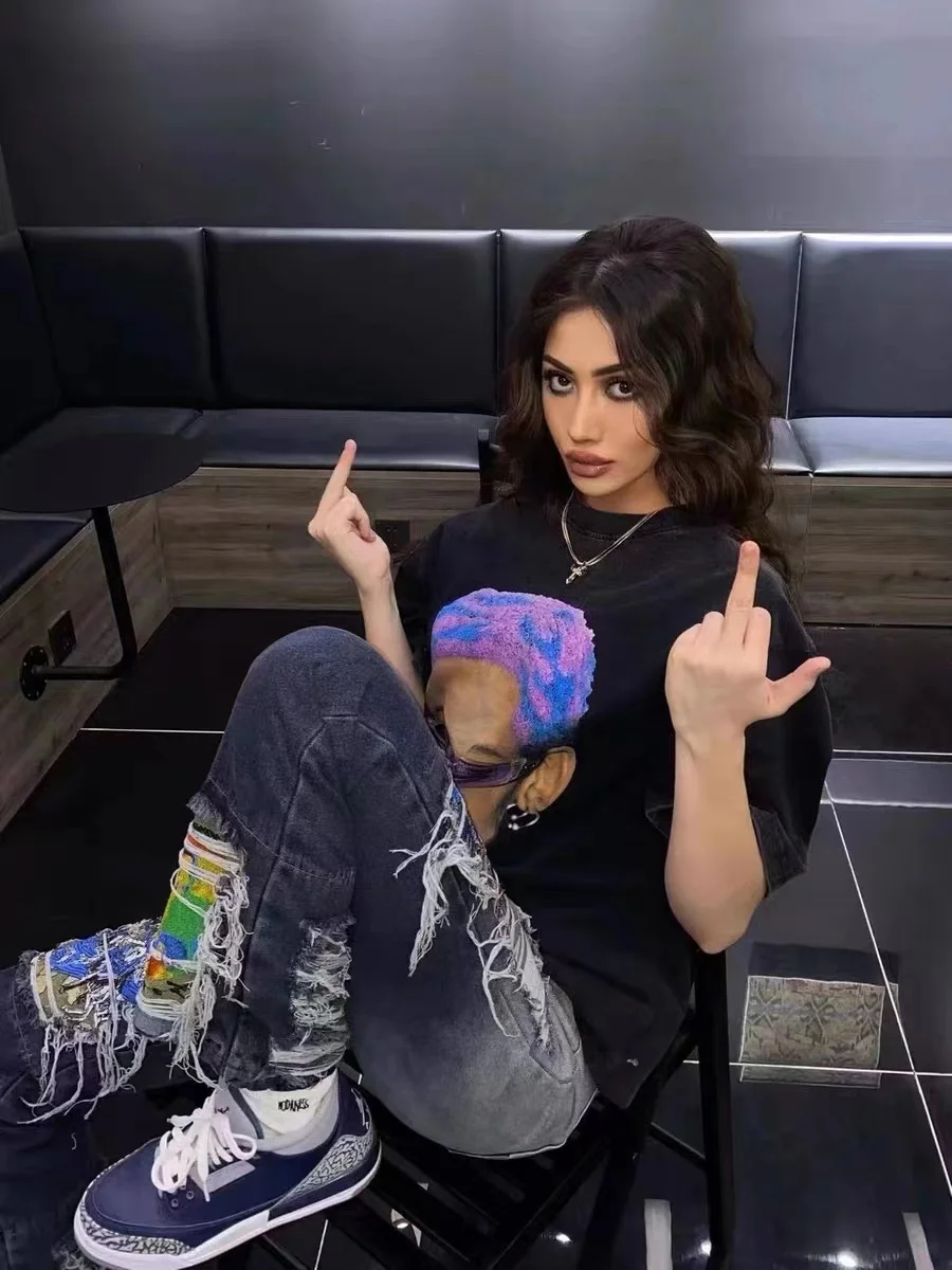 European Style Jeans High Street Washed Heavy Embroidery Loose Straight Ripped Jeans Men's Streetwear European and American Men