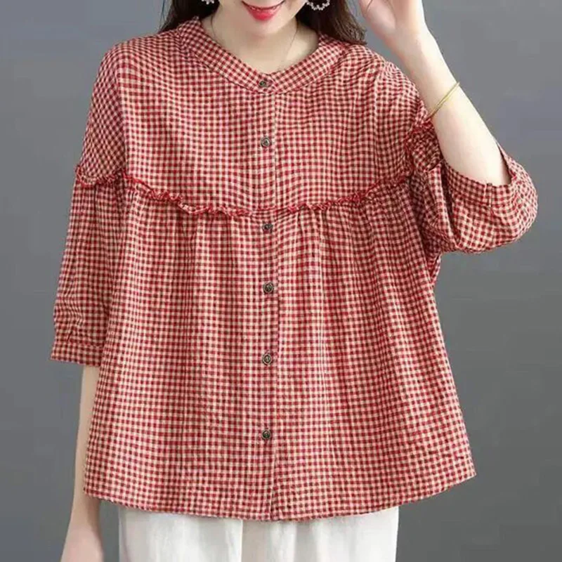 Fashion Loose Button Spliced Folds Ruffles Lattice Blouse Female Clothing 2023 Summer New Casual Pullovers Lantern Sleeve Shirt